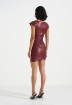 Tina - Leather Boat Neck Ruched Dress - Wine Red