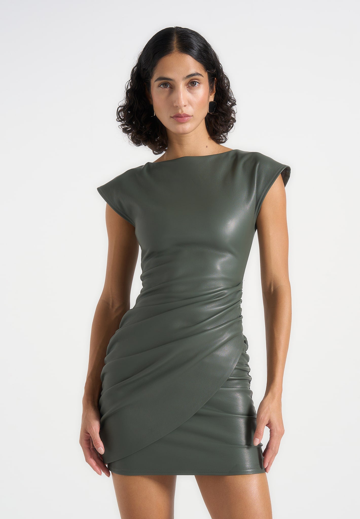 tina-leather-boat-neck-ruched-dress-khaki