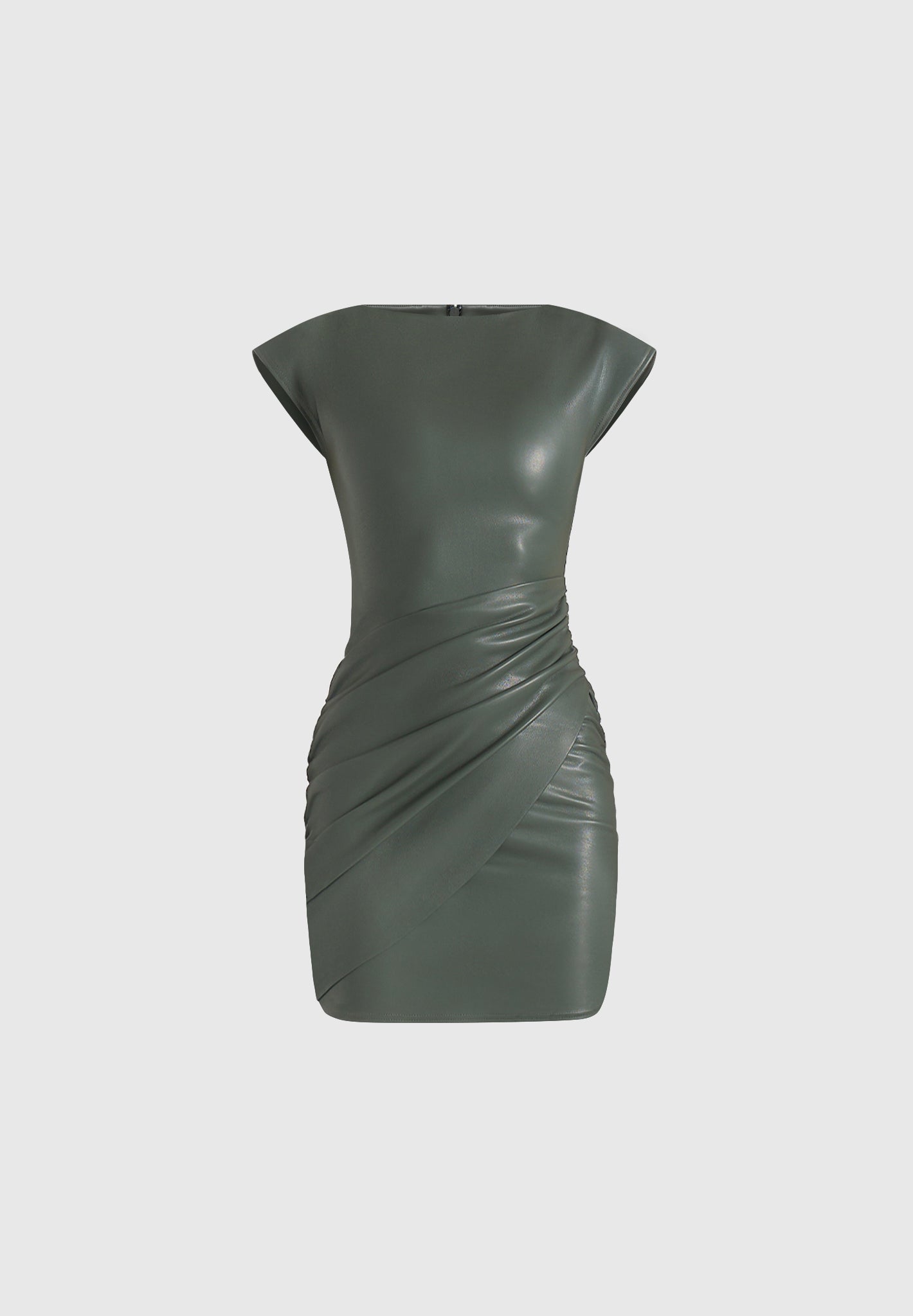 Tina - Leather Boat Neck Ruched Dress - Olive