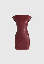 Tina - Leather Boat Neck Ruched Dress - Wine Red