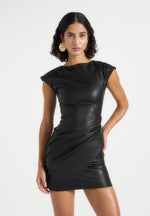 Tina - Leather Boat Neck Ruched Dress - Black