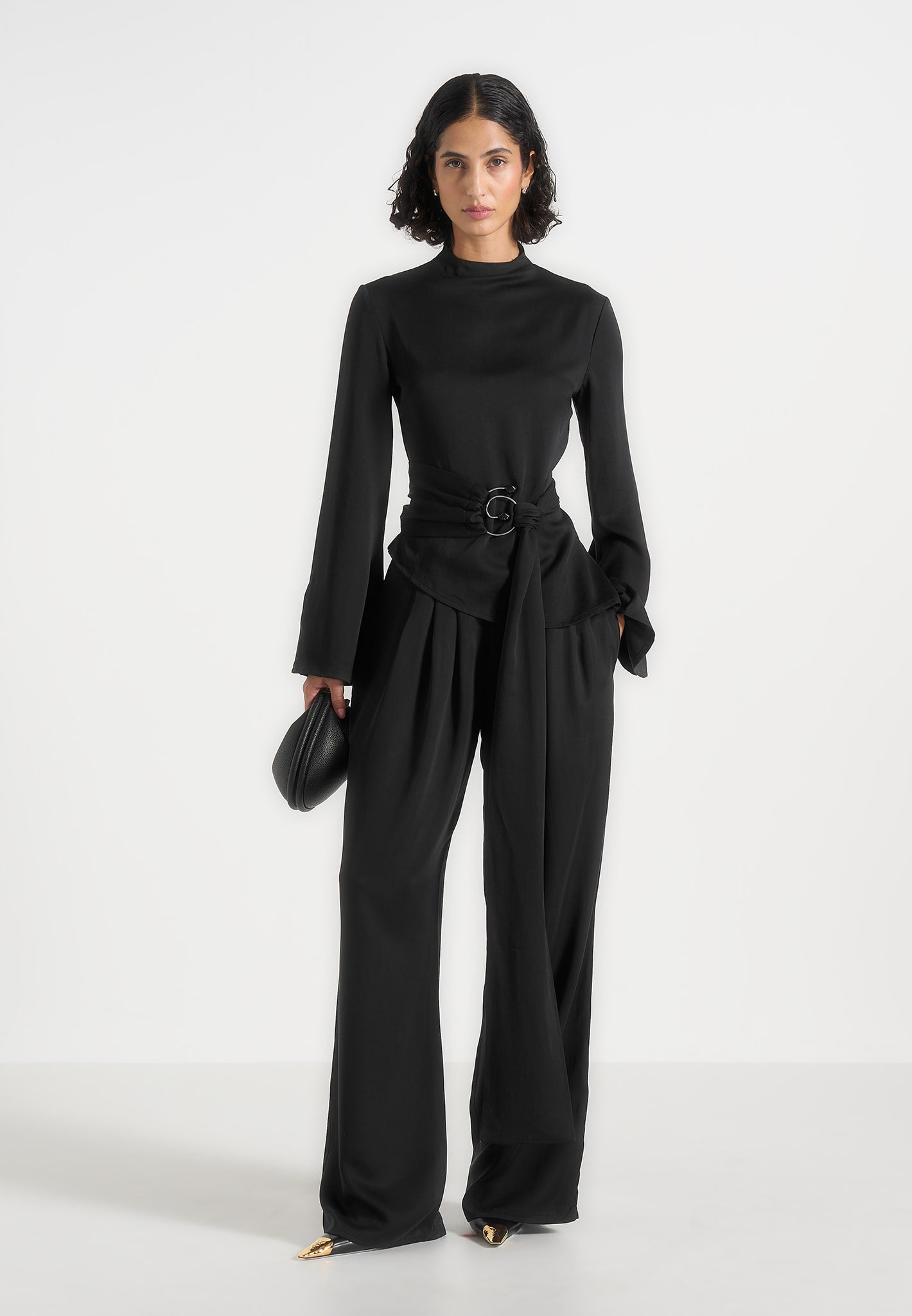 Aurore - Mock Neck Ring Belt Pleated Leg Jumpsuit - Black 