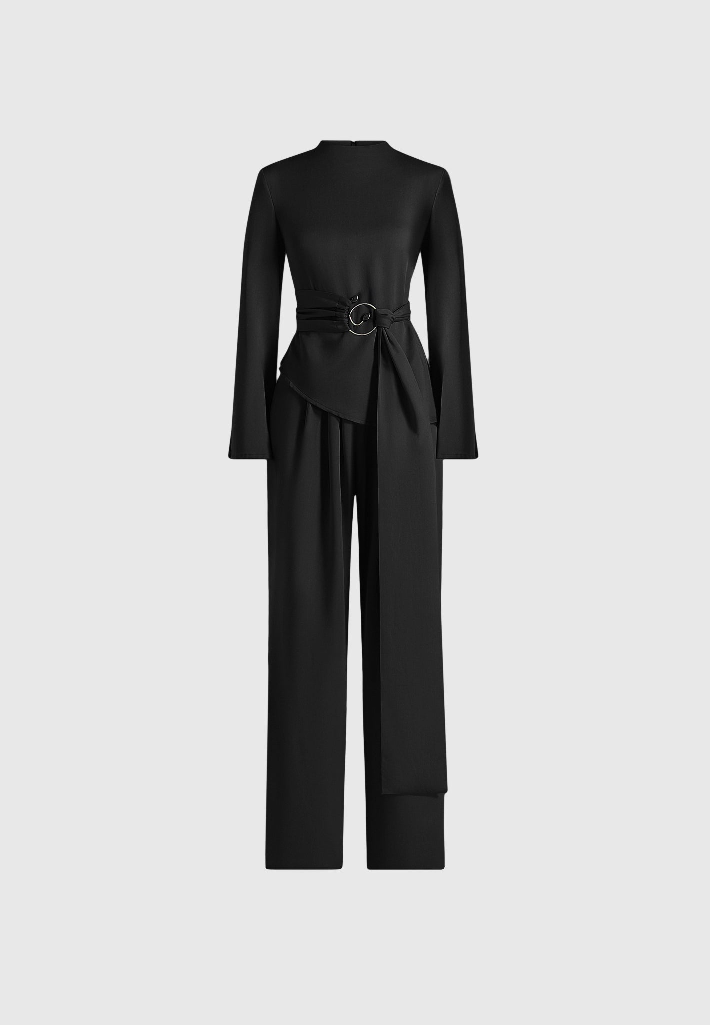 Aurore - Mock Neck Ring Belt Pleated Leg Jumpsuit - Black
