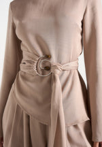 Aurore - Mock Neck Ring Belt Pleated Leg Jumpsuit - Beige