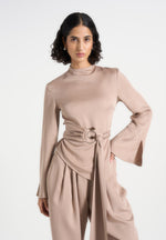 Aurore - Mock Neck Ring Belt Pleated Leg Jumpsuit - Beige