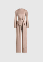 Aurore - Mock Neck Ring Belt Pleated Leg Jumpsuit - Beige