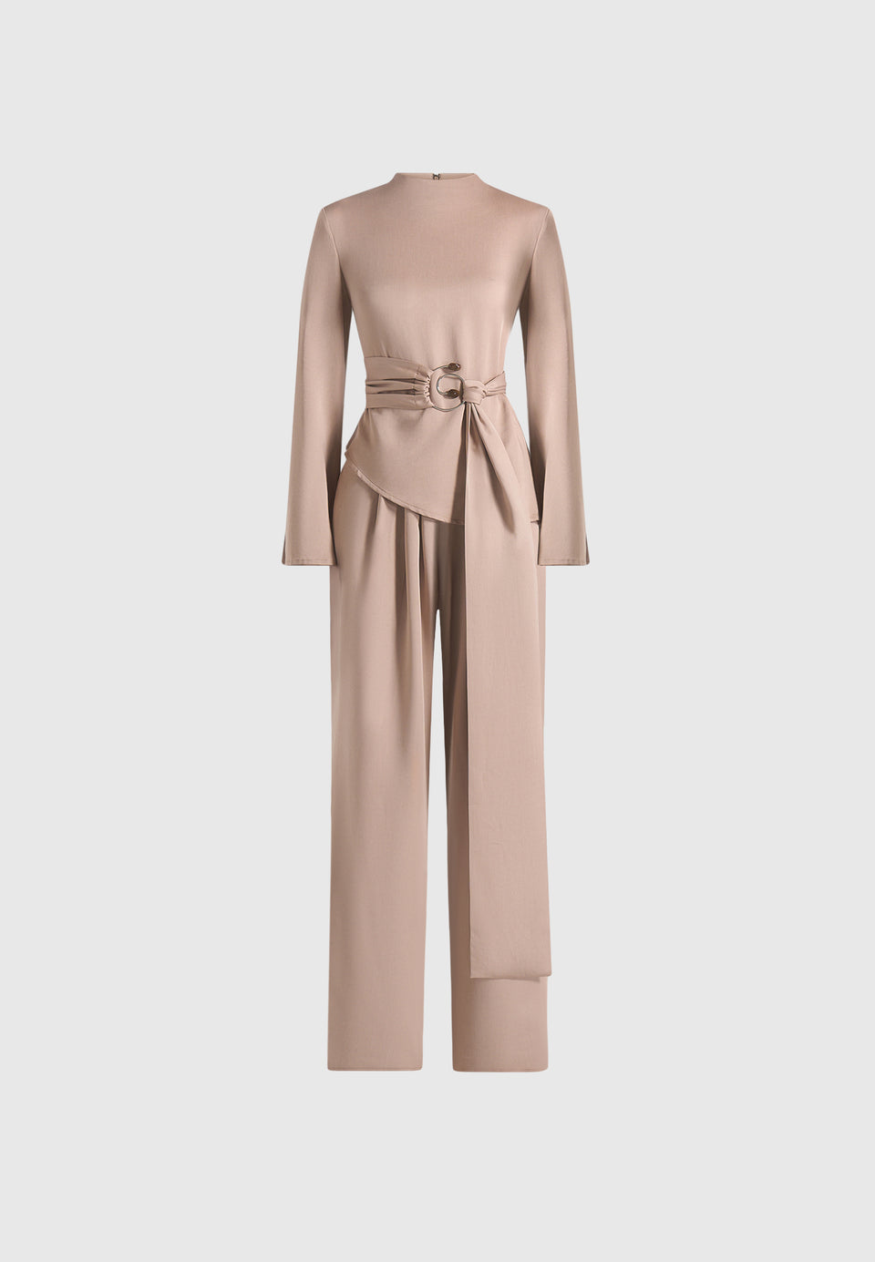 Aurore - Mock Neck Ring Belt Pleated Leg Jumpsuit - Beige