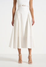 Gaia - Boat Neck Belted Pleated Midi Dress - White