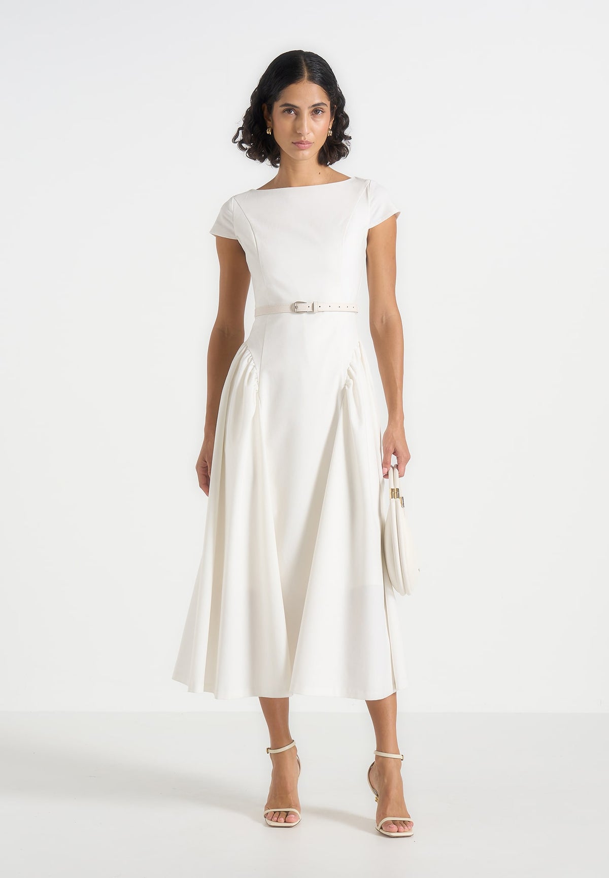 Gaia - Boat Neck Belted Pleated Midi Dress - White