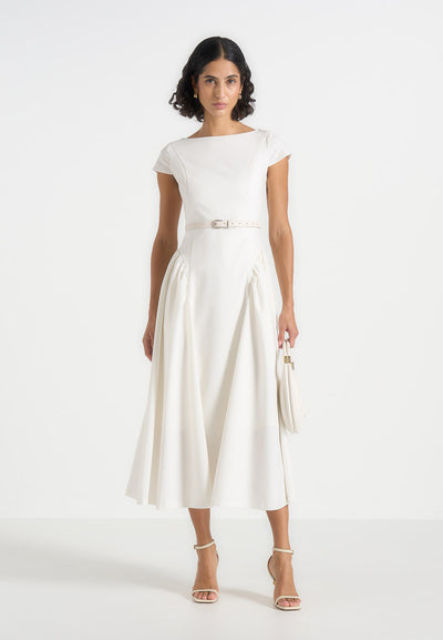 Gaia - Boat Neck Belted Pleated Midi Dress - White