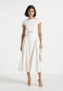 Gaia - Boat Neck Belted Pleated Midi Dress - White