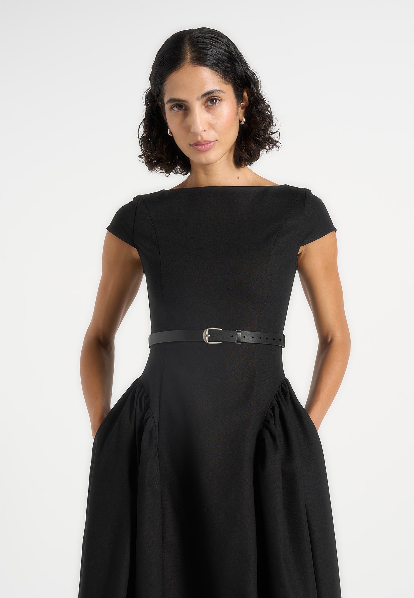 Gaia - Boat Neck Belted Pleated Midi Dress - Black 