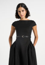 Gaia - Boat Neck Belted Pleated Midi Dress - Black