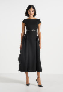 Gaia - Boat Neck Belted Pleated Midi Dress - Black