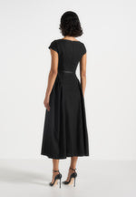 Gaia - Boat Neck Belted Pleated Midi Dress - Black