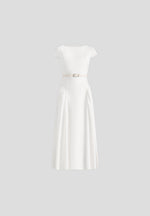 Gaia - Boat Neck Belted Pleated Midi Dress - White
