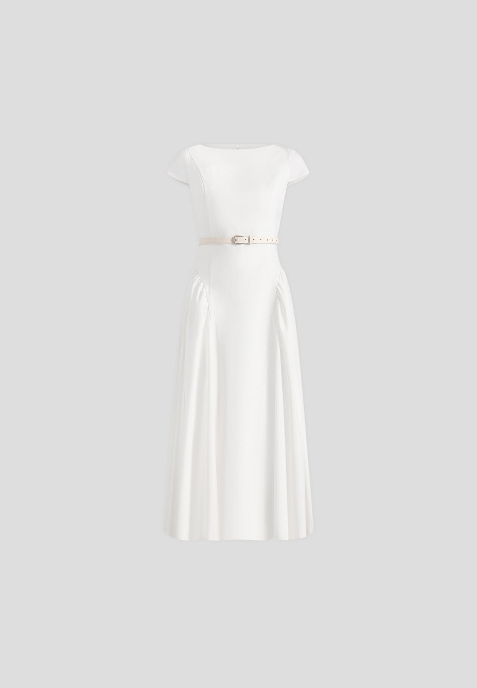 Gaia - Boat Neck Belted Pleated Midi Dress - White
