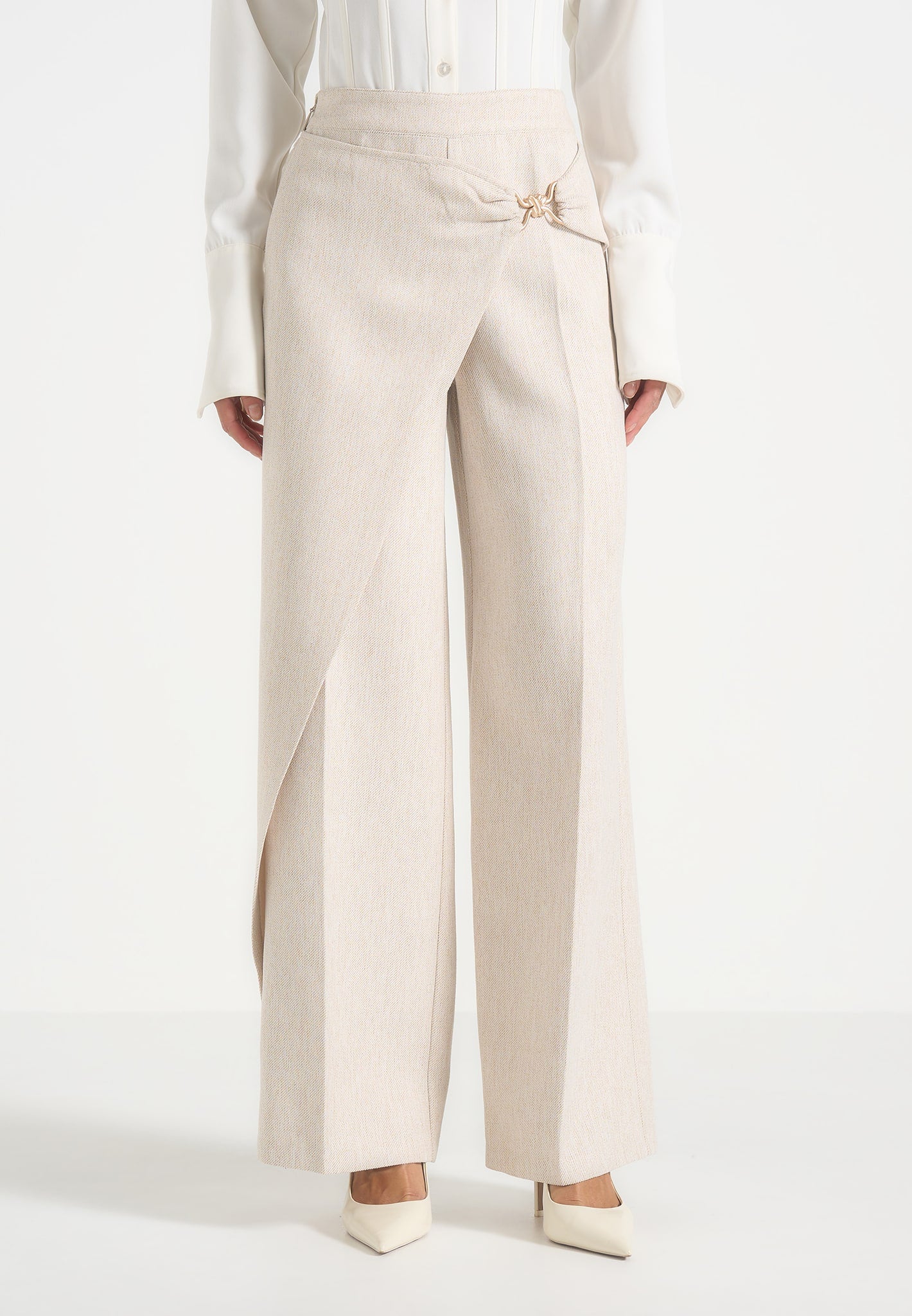 Beryl - Wrap Tailored Trousers With Hardware Detail - Cream