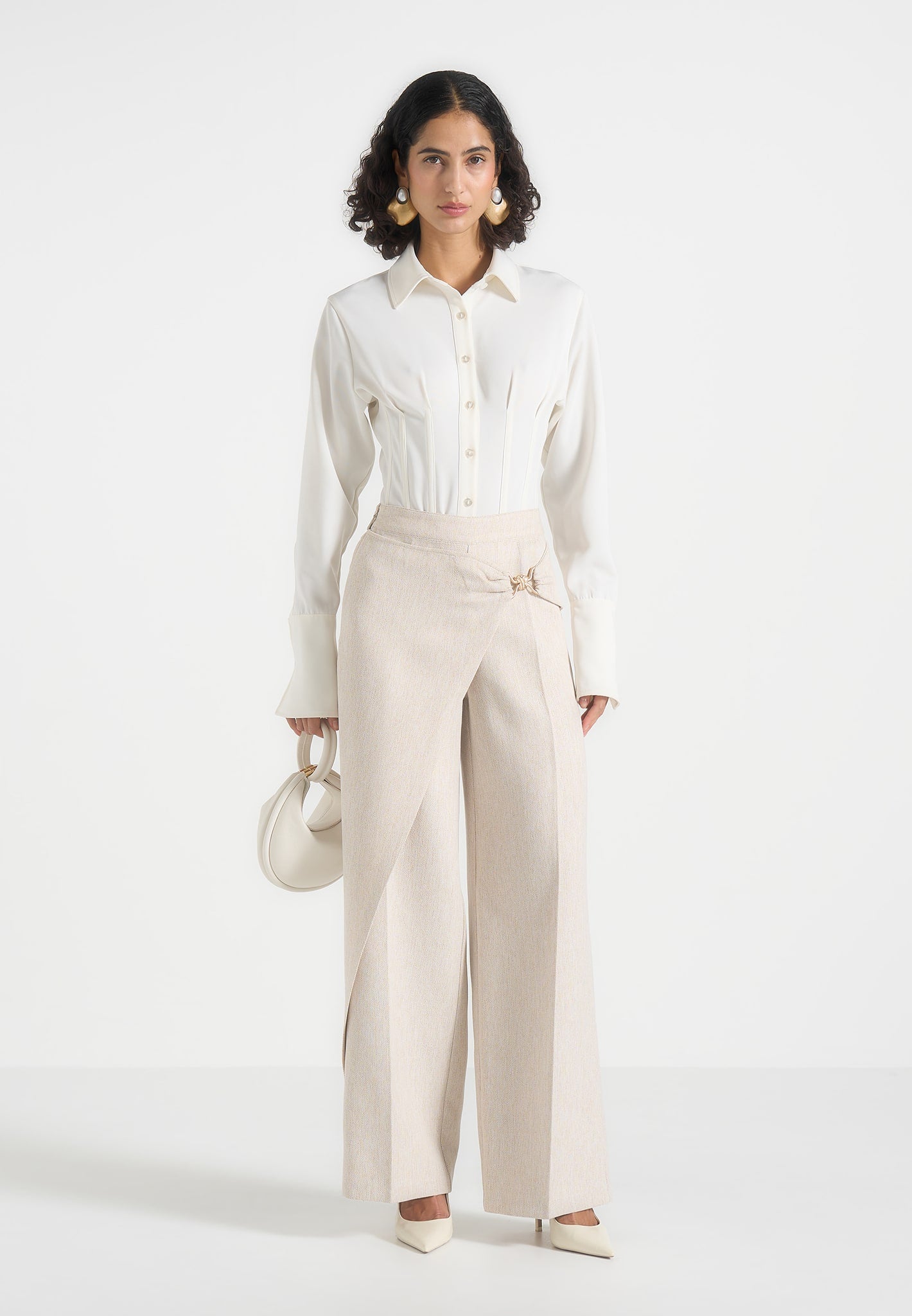 Beryl - Wrap Tailored Trousers With Hardware Detail - Cream