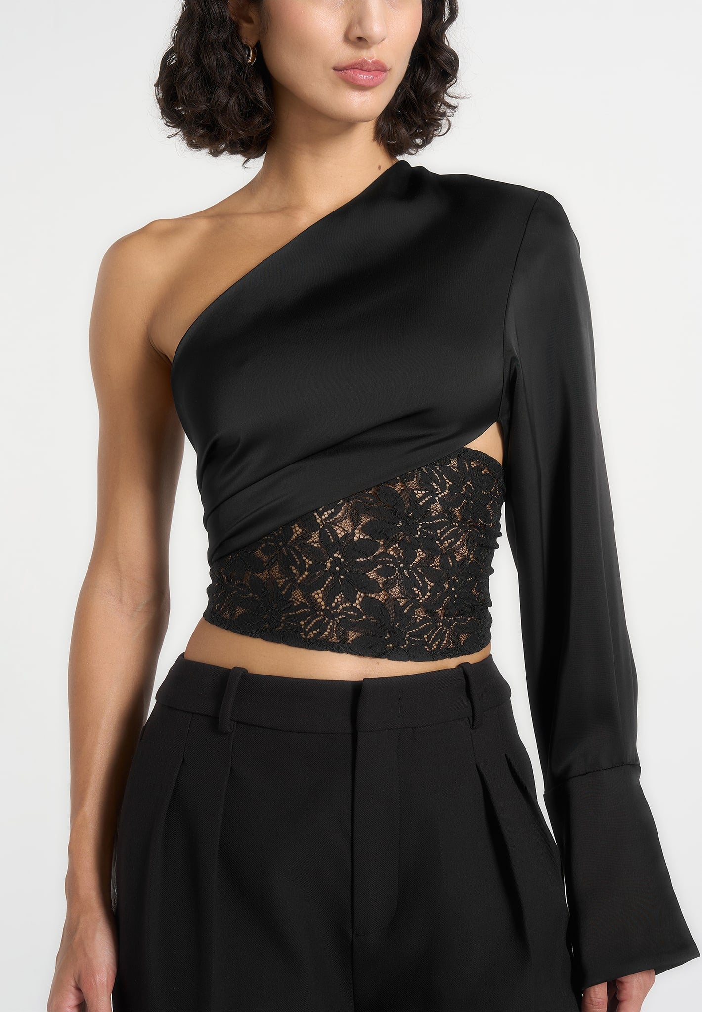 coralie-one-sleeve-satin-and-lace-wrap-top-black