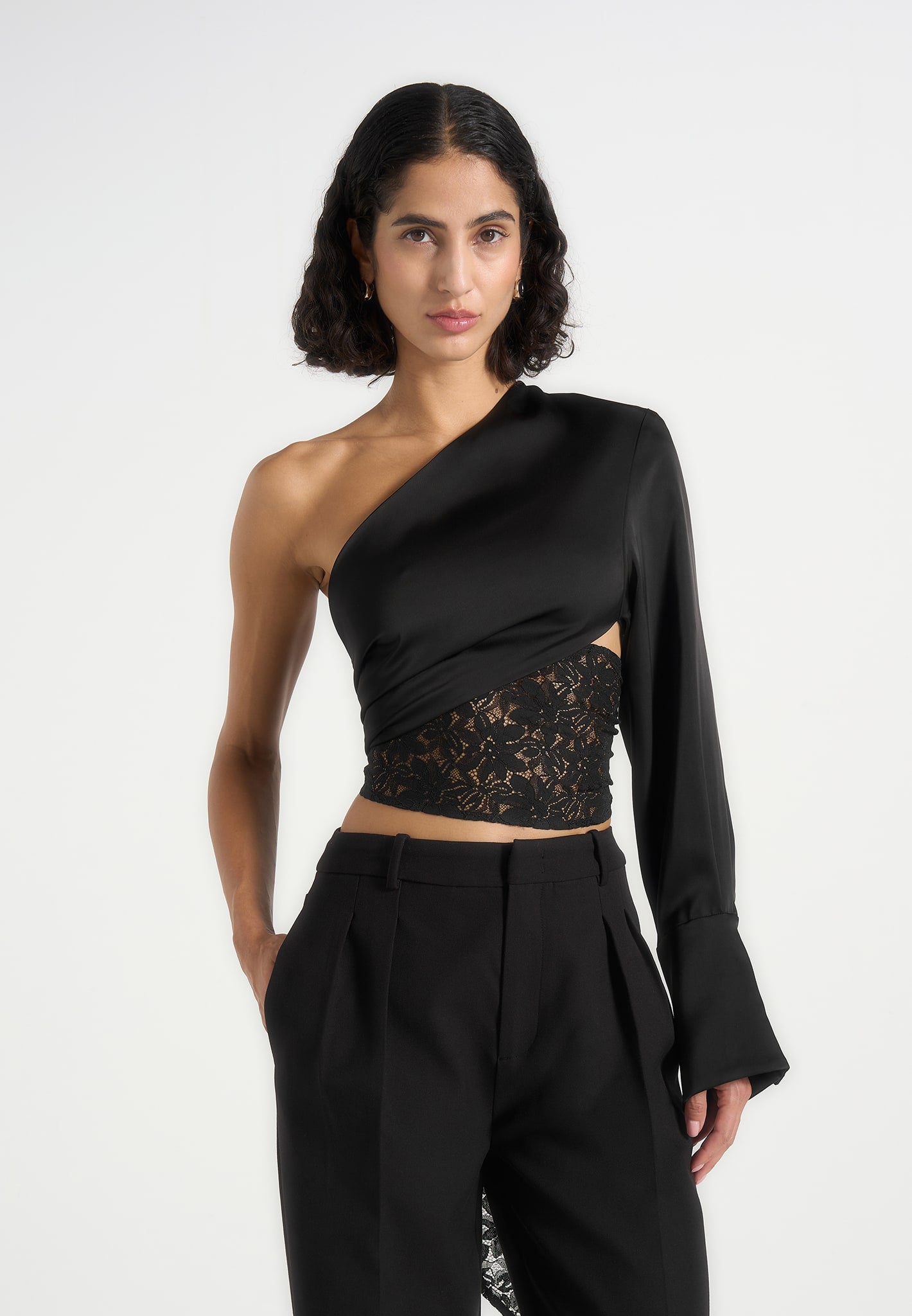 coralie-one-sleeve-satin-and-lace-wrap-top-black