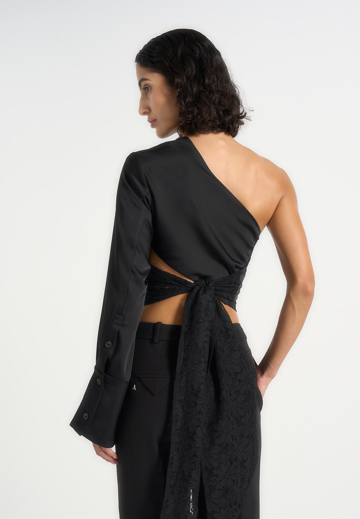 Coralie - One Sleeve Satin and Lace Wrap Top - Black