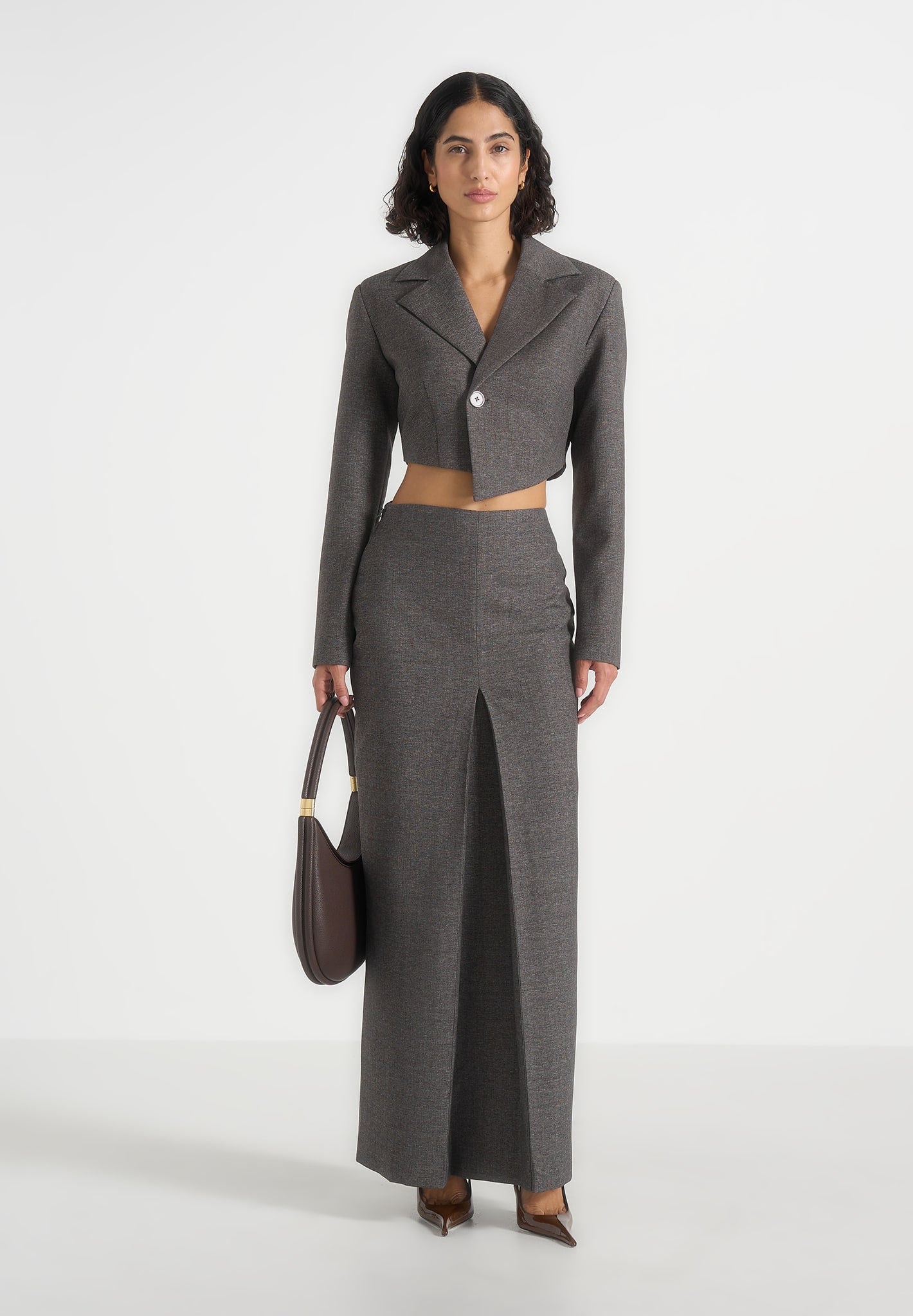 Regine - Tailored Box Pleat Maxi Skirt - Marl Grey 