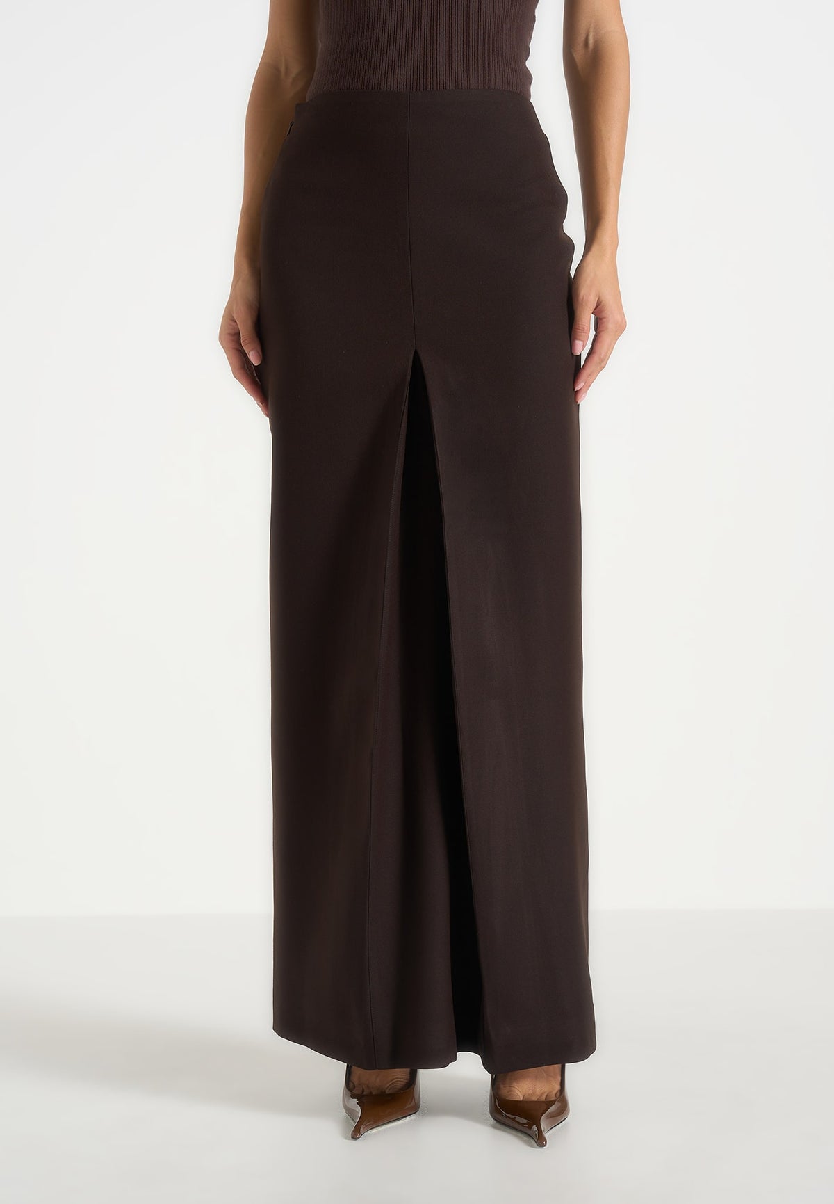 Regine - Tailored Box Pleat Maxi Skirt - Brown
