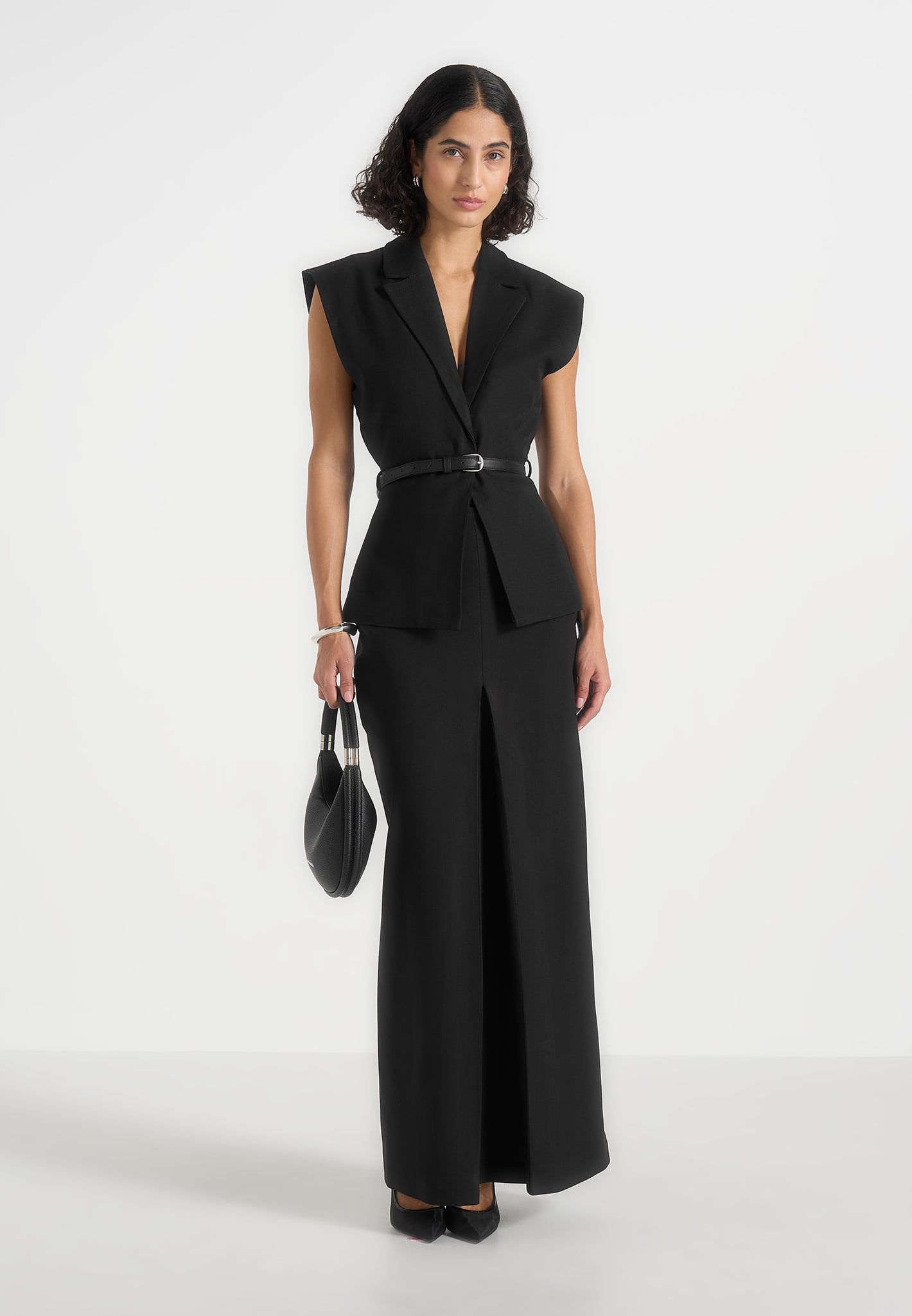 Regine - Tailored Box Pleat Maxi Skirt - Black 