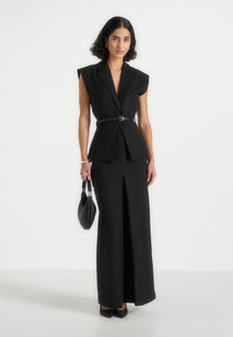 Regine - Tailored Box Pleat Maxi Skirt - Black