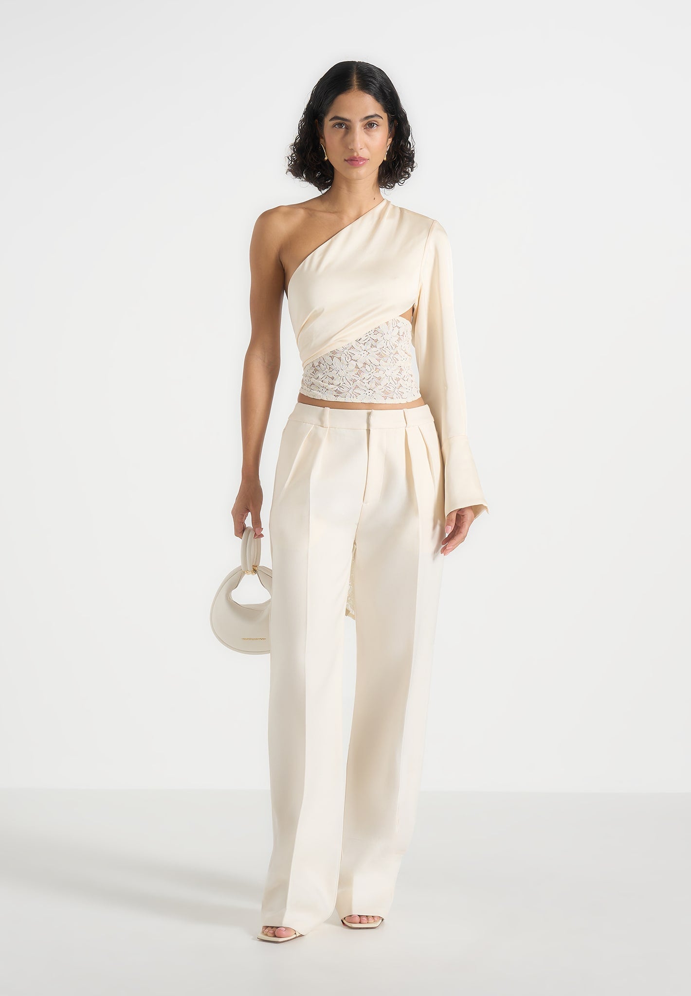 Coralie - One Sleeve Satin and Lace Wrap Top - Champagne