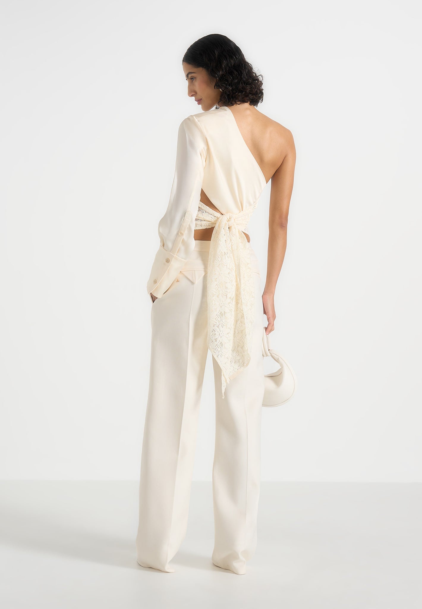 Coralie - One Sleeve Satin and Lace Wrap Top - Champagne