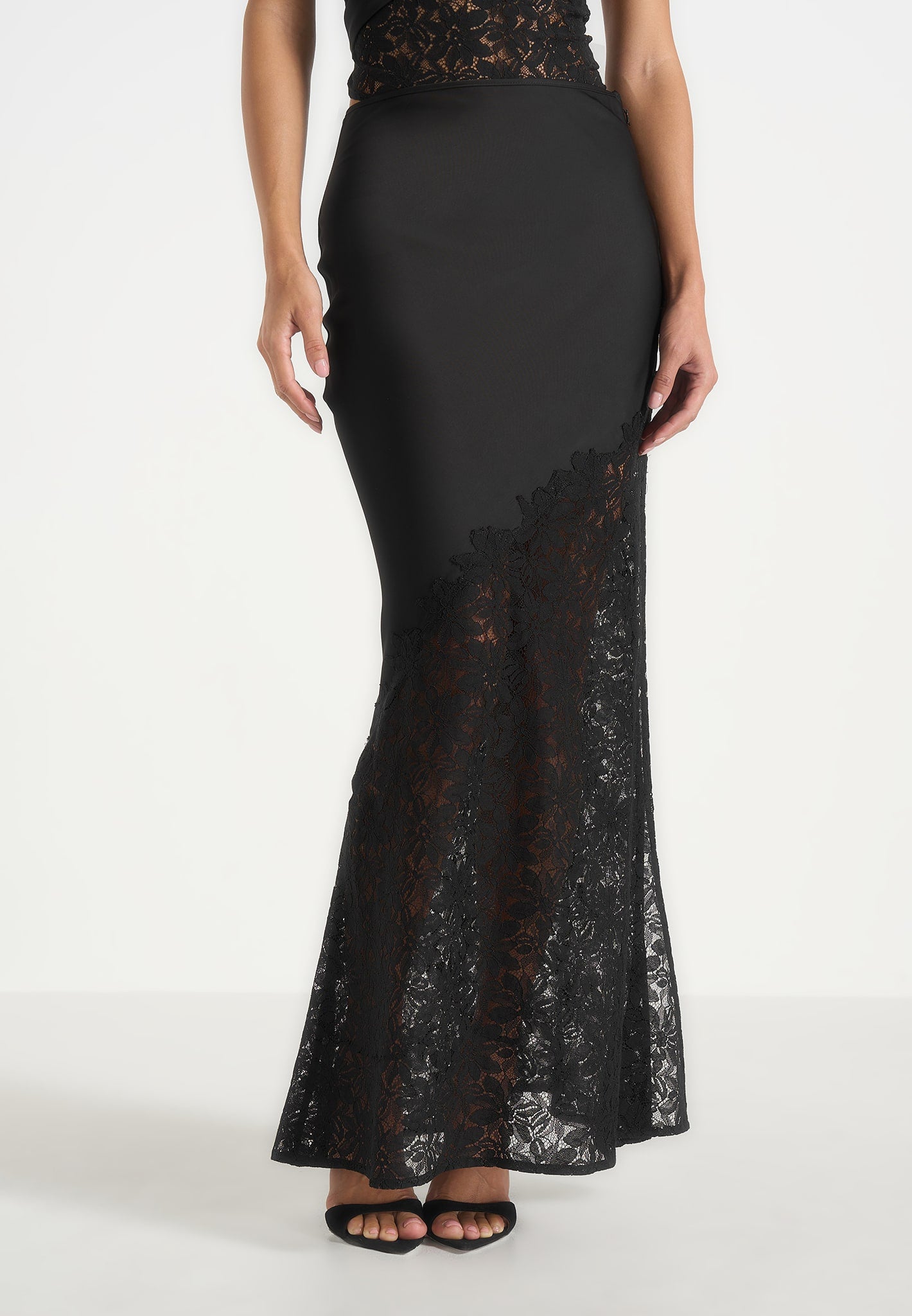 Belle - Satin and Lace Maxi Skirt - Black 