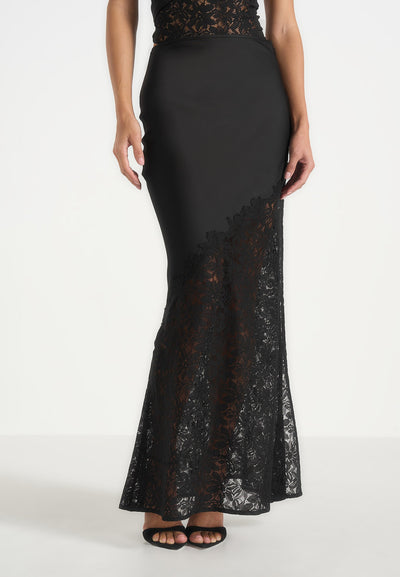 Belle - Satin and Lace Maxi Skirt - Black