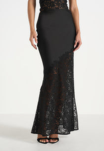 Belle - Satin and Lace Maxi Skirt - Black