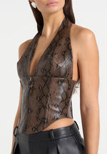 Sloane - Python Halterneck Corset Top - Brown