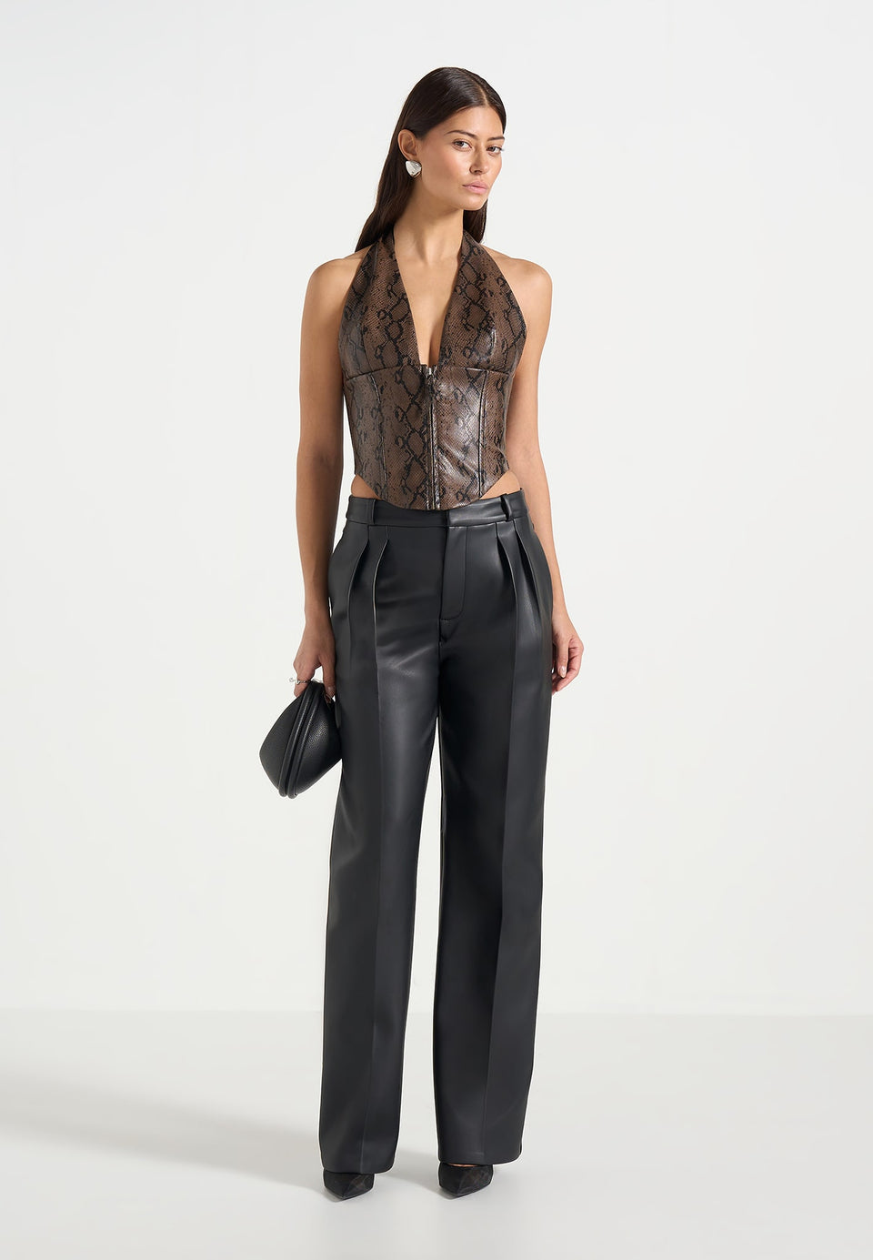 sloane-python-halterneck-corset-top-brown