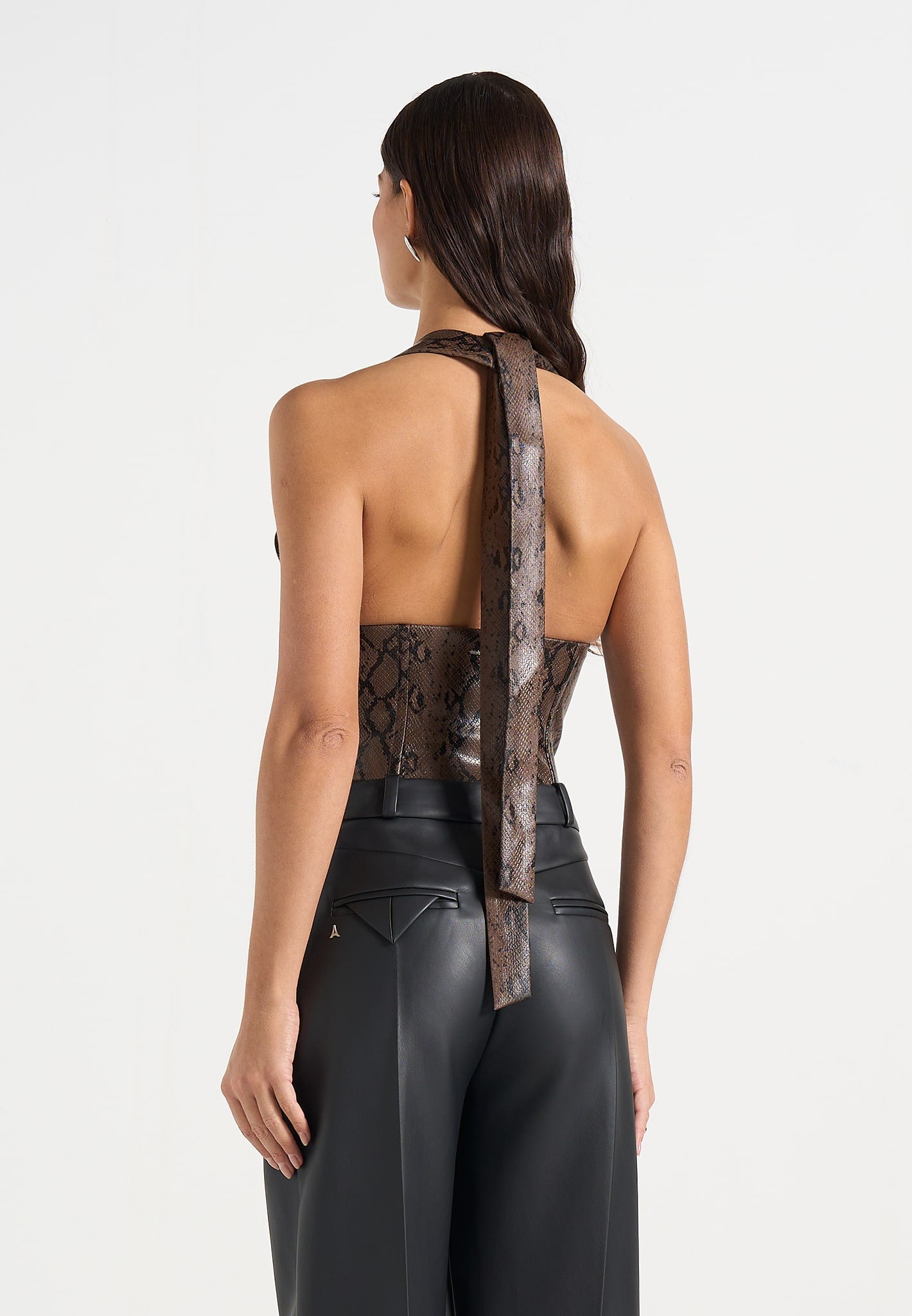 sloane-python-halterneck-corset-top-brown