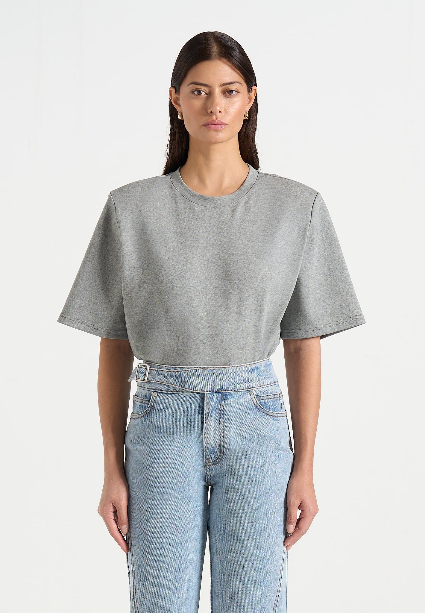 Mia - Wide Shoulder Bodysuit T-Shirt - Grey