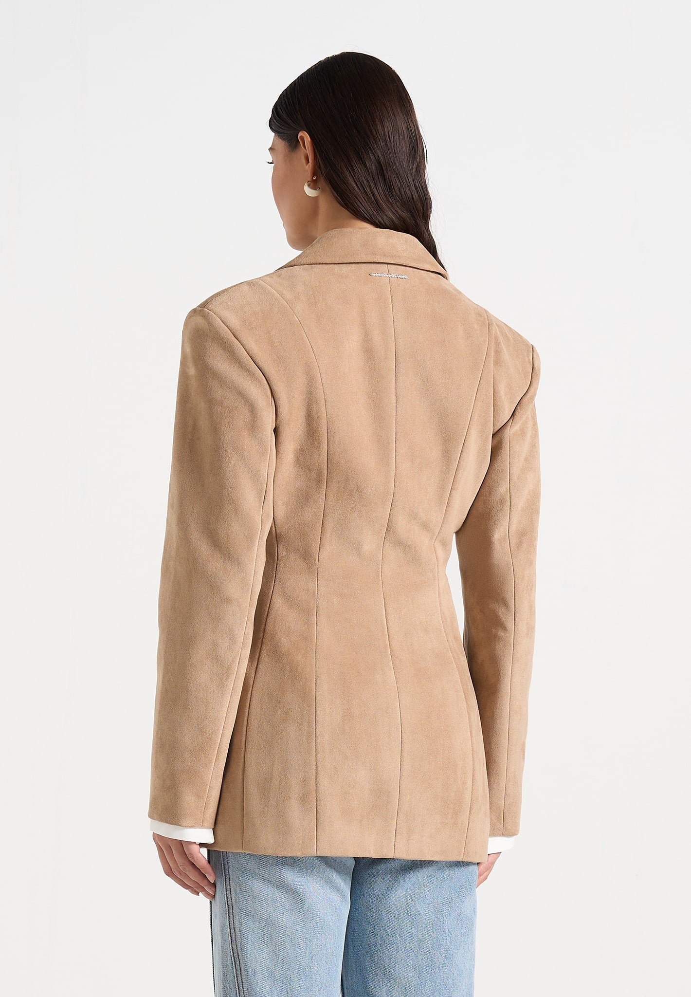 Claire - Suede Wide Shoulder Cinch Waist Blazer - Beige