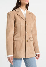 Claire - Suede Wide Shoulder Cinch Waist Blazer - Beige