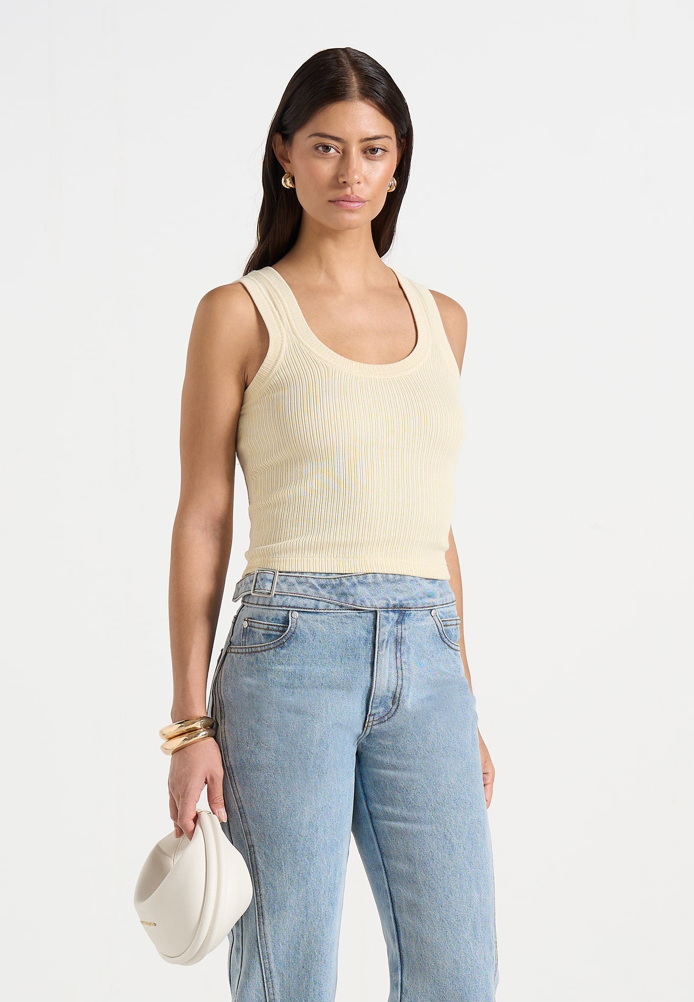 Liane - Scoop Neck Ribbed Cotton Vest - Pale Yellow 