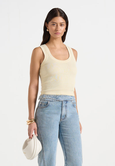 Liane - Scoop Neck Ribbed Cotton Vest - Pale Yellow