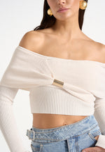 Shana - Asymmetric Bardot Top With Hardware Detail - Cream