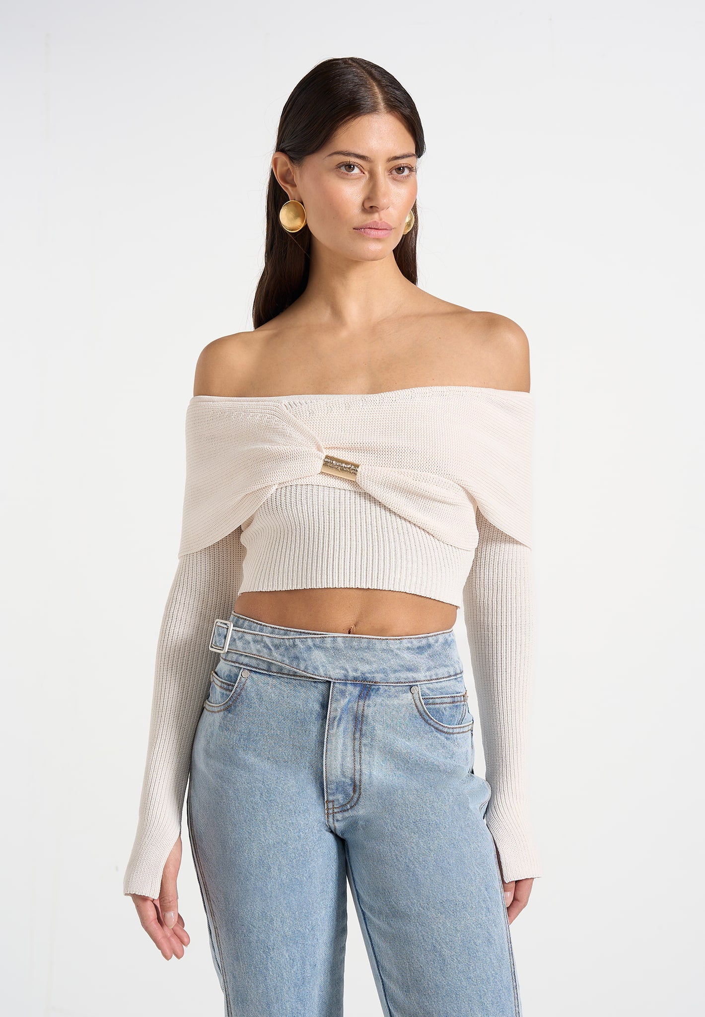 Shana - Asymmetric Bardot Top With Hardware Detail - Cream 