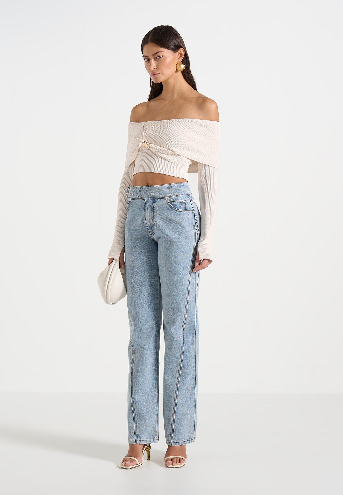 Shana - Asymmetric Bardot Top With Hardware Detail - Cream