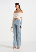 Shana - Asymmetric Bardot Top With Hardware Detail - Cream