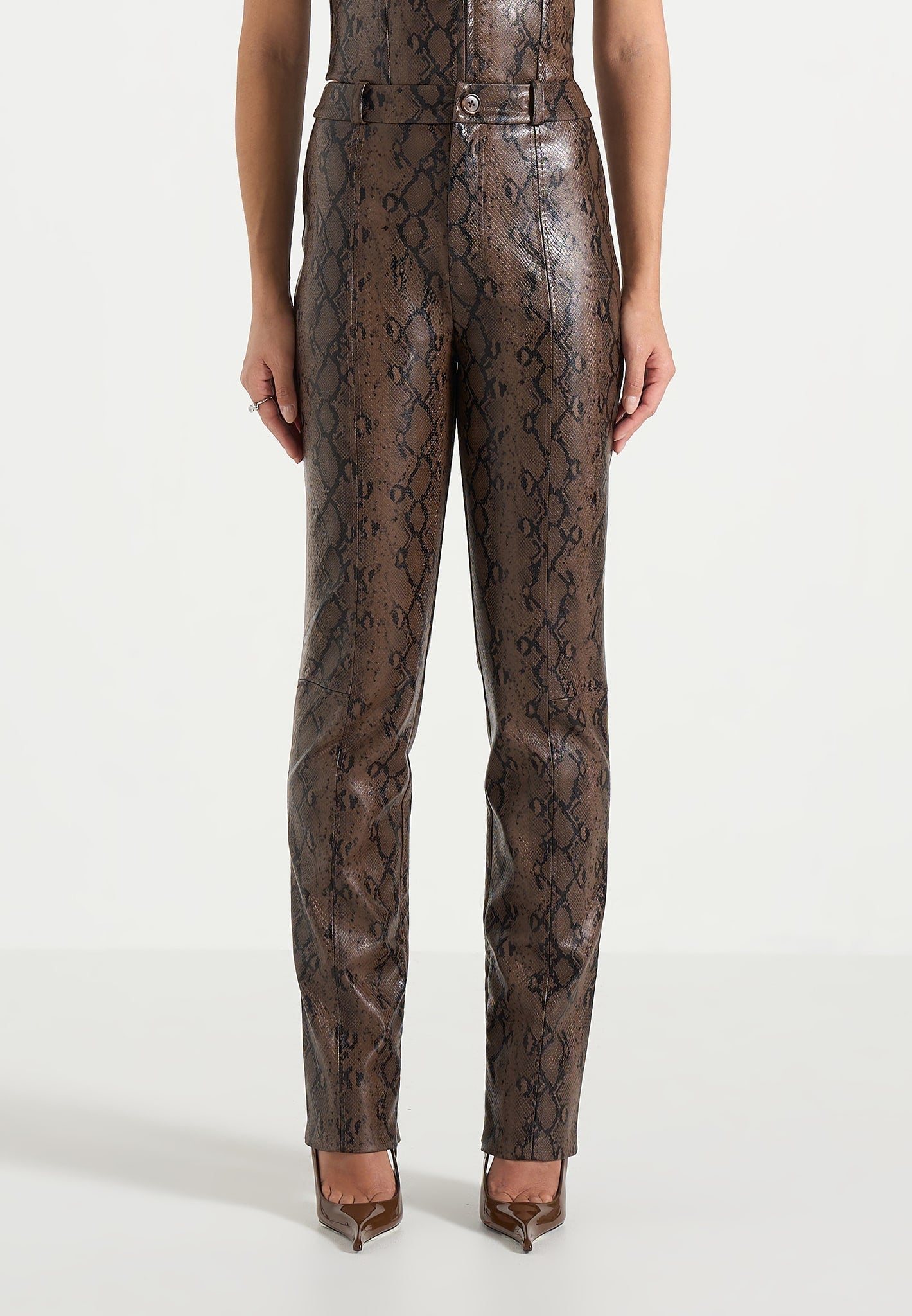 Lucia - Python Straight Leg Trousers  - Brown