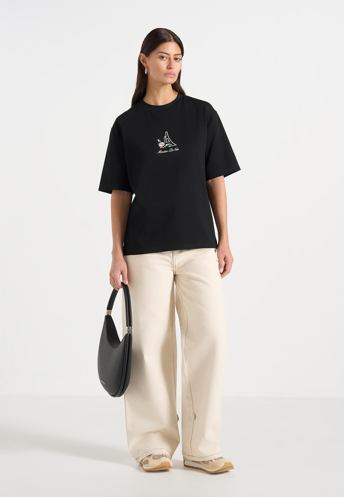 TS008 - Unisex Floral Eiffel Cotton T-Shirt - Black