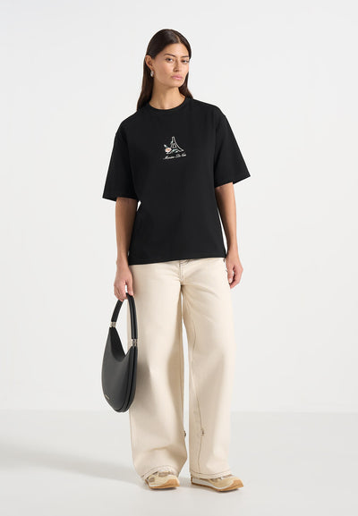 TS008 - Unisex Floral Eiffel Cotton T-Shirt - Black